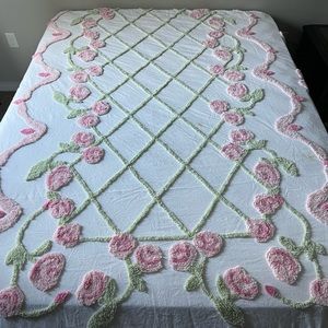 Vintage chenille flowers, garden bed spread, king. Cottage core
